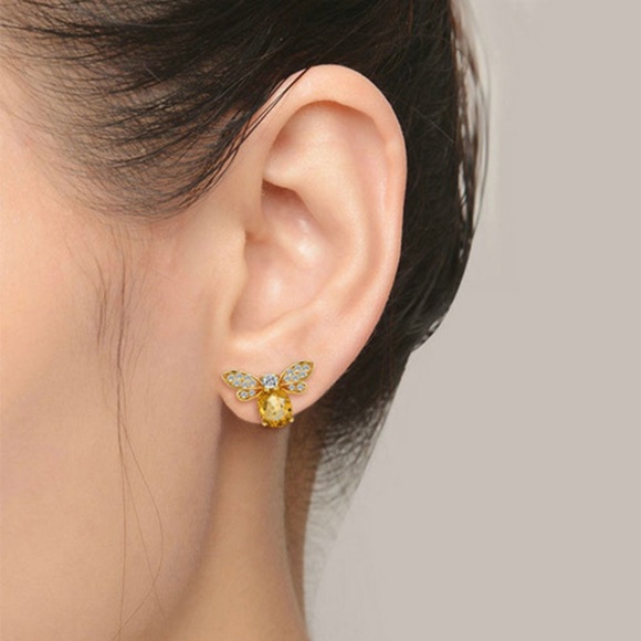 Yellow Citrine Bee Stud Earrings - Picture 3 of 6